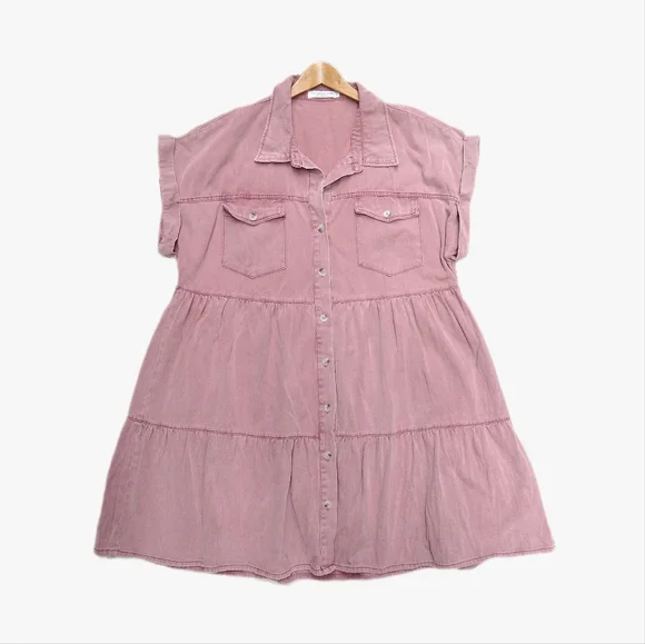 Chic Soul Ruffled Tiered Button Up Dress Plus 1X Mauve Pink Denim Jean Casual - Picture 1 of 7